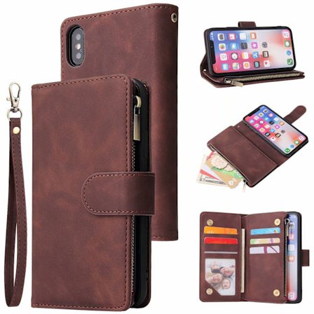 Kompatibel med iPhone 13 Pro cover, magnetisk lukning, lynlåslomme, etuier, håndledsrem, stødsikkert flipcover