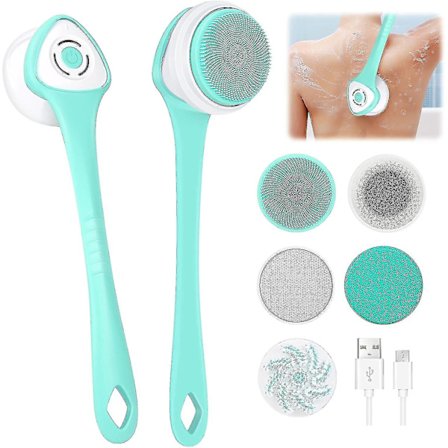 Elektrisk Kropps-Børste for Dusj, 5 i 1 Massasje Eksfolierende Skrubber, Myk Silikon Spinnende Kroppsrensende Børste, Badebørste for Rygg