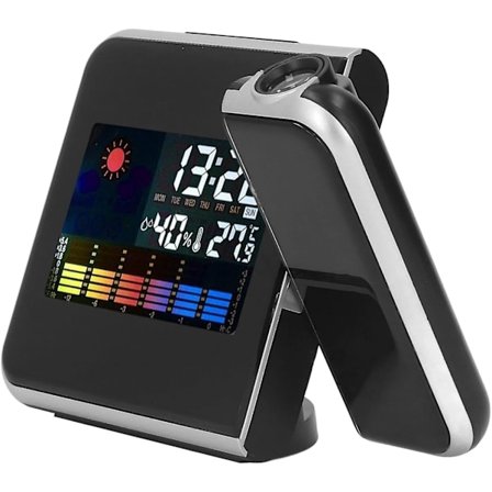 Projektionsväckarklocka med väderstation Projektorklocka med temperaturfuktighet med display LED-bakgrundsbelysning för sovrum (svart)