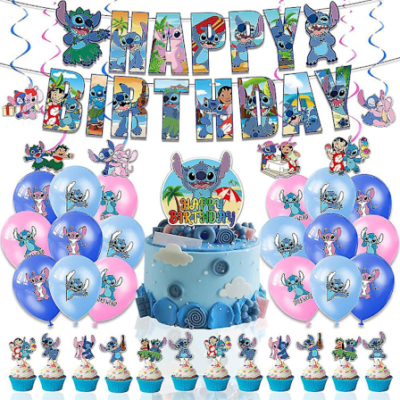 Stitch Tegneserietema Bursdagsfest Tilbehør Dekorasjon Ballonger Banner Trekkflagg Kake Topper Sett Kit (FMY)