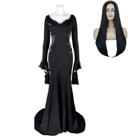 Wednesday Morticia Addams Cosplay -asu, seksikäs musta mekko naisille Halloween-karnevaalijuhliin, peruukki mukana