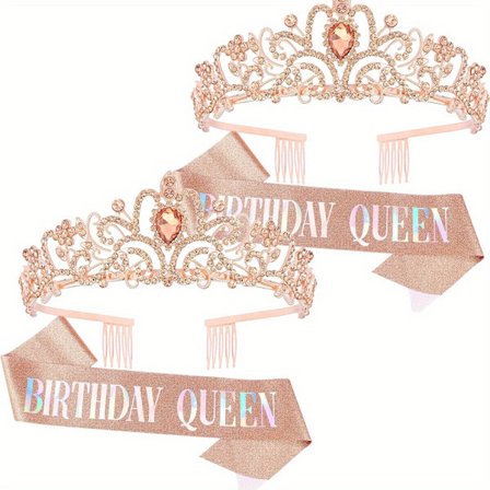 Rosaguld Tillykke Med Fødselsdagen Skærf og Tiara Sæt Fødselsdagskrone og Skærf til Kvinder Hårtilbehør til Dronningens Fødselsdag Kvinders Fødselsdag