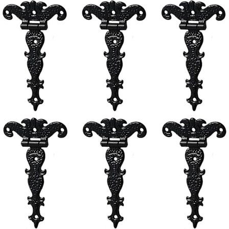 6 stk. Klassiske dekorative T-hængsler, kraftige T-remhængsler i zinklegering, antikke skurdørhængsler med skruer (sort)