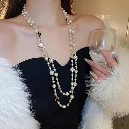 Kvindes Perlekæde Lang Krystal Halskæde med Firekløver Multilags Halskæde Elegant Trendy Kunstig Perle