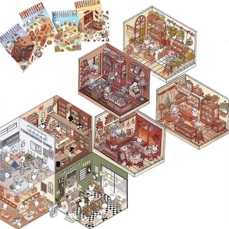 4 Sarjaa DIY 3D Talotarroja, Söpöjä Sarjakuva-aiheisia Tarroja, Hauskoja DIY-tarroja Tee Oma Supermarket[HK]