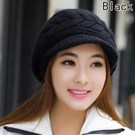 Dame vinterhue med skygge, dame kasket, baskerhue, hue, varm strikhue, vinter (sort)