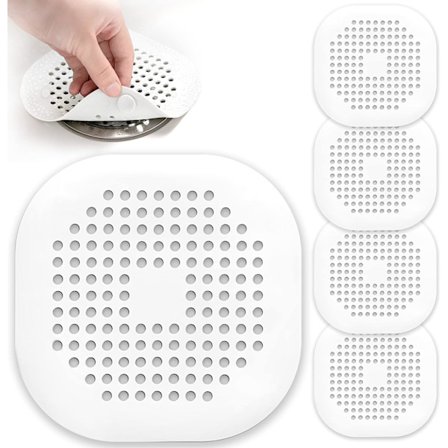 Valkoinen, 5-osainen, suihkun viemärikansi, silikoninen hiustulppa, 4 imukupilla, 5,5 tuuman neliön muotoinen hiusten viemäriputken suojus, ei 