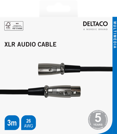 Deltaco XLR audio cable 3pin male 3pin female 26 AWG 3m black