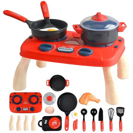 Leksakskök för barn med ugn, simulering av matlagning, köksredskap, ljus och ljud, röd