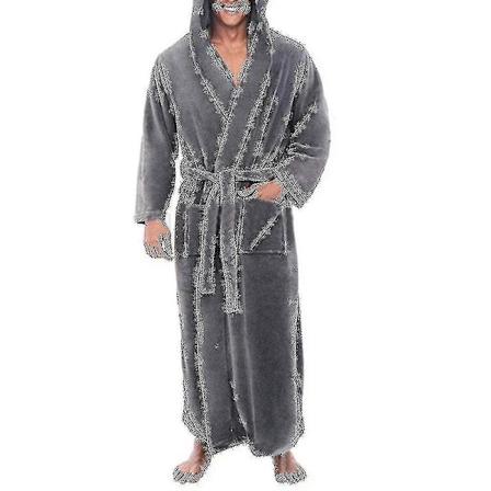 Menn Fleece Hettelang Myk Badekåpe - Xin Grey L
