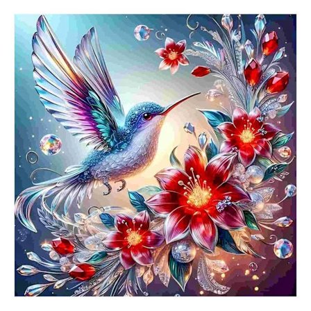 5D-timanttimaalaus - Värikäs kolibri & kukkaloisto DIY-timanttimaalaus 35x35 cm