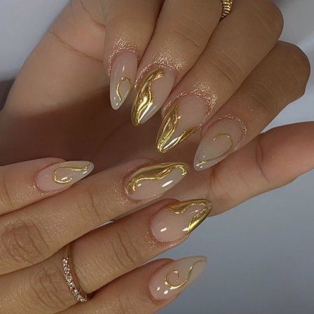 24 st Press-on Naglar Mandelformade Lösnaglar Guldlinje Design För Trendig Look