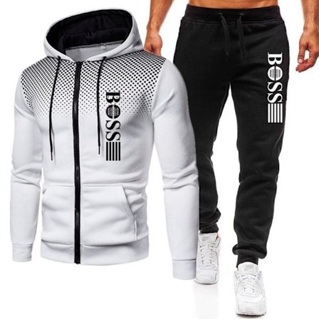 BOSS Herr Tracksuit 2-delad Hoodie Långärmad Jacka med Dragkedja och Casual Joggingbyxor Träningsset Vit-Svart Vit-Svart-FX- Vit-Svart