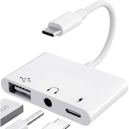 USB C Adapter 3.5mm Jack med Snabbladdning OTG Adapter, Typ C till Aux Splitter Hörlursljud (Vit)