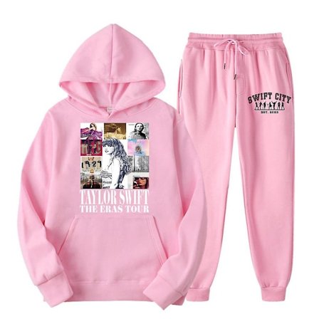 Taylor Swift The Eras Tour Hettesportsdress med hette Todeltallssett Swiftie Langærmet Pullover Hetter Genser + Bukser Sett [HK] Rosa