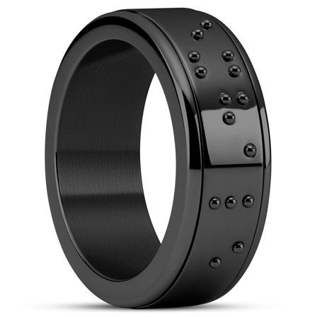 Enthumema | 8 mm Black Stainless Steel Braille ‘Exhale’ Fidget Ring for Men - Steel rings