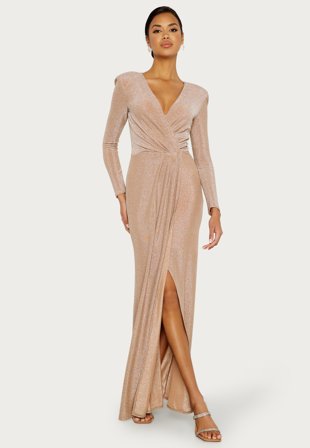Goddiva - Long Sleeve Glitter Maxi Dress - Nude - Kläder - - Bubbleroom