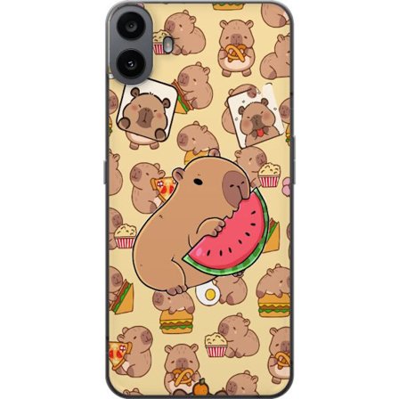 Kompatibel Mobilcover til Nothing Nothing CMF Phone 1 Søde capybaraer nyder vandmelons pizza og popcorn i et varmt og legesygt design, der spreder gl
