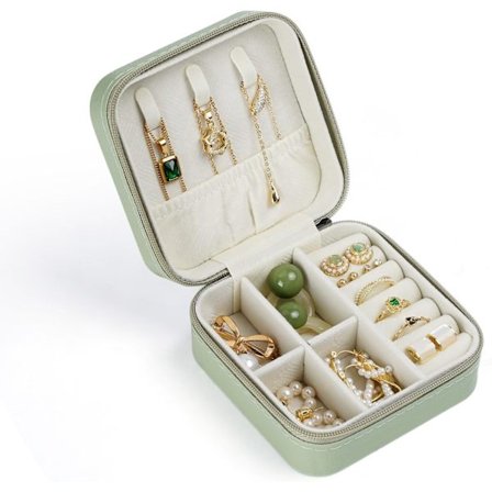 Reisesmykkeskrin, Reiseorganisering og Utstillingsveske for Ringer, Øredobber, Halskjeder, Armbånd, Gave til Kvinner og Jenter, Grønn