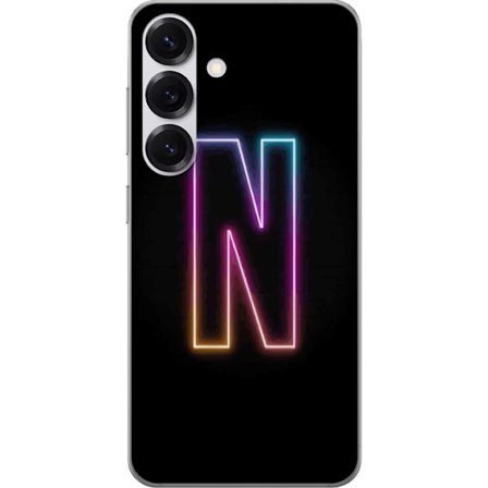 Kompatibel Mobilcover til Samsung Samsung Galaxy S25 Minimalistisk neonbogstav N i farveskiftende lys mod sort baggrund