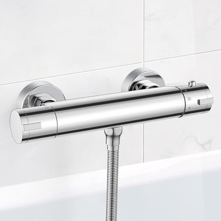 Väggmonterad termostatblandare för dusch med 38°C anti-skållnings säkerhetsspärr, termostatisk duschblandare 150mm centrumavstånd