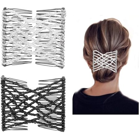 2 stk. Magiske Hårkammer, Vintage Elastiske Hårkammer med Perler, Elastiske Perlehårspenner, Strekkbare Perlehårnåler, Doble Hårkammer