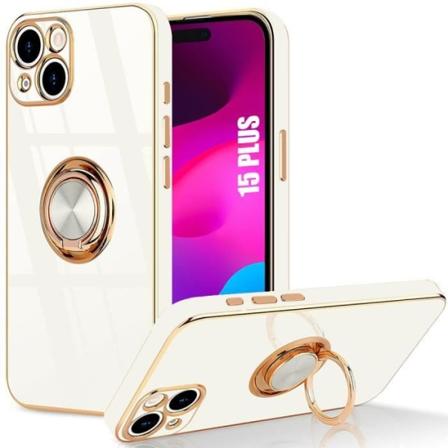 Cover til iPhone 15 Plus, anti-ridse hvid silikonebeskyttelse med støttering Vit