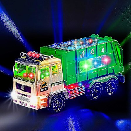 Leke søppelbil for barn med 4D lys og lyder - Batteridrevet automatisk Bump Go bil - Sanitærbilsklistremerker365