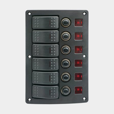 Strömbrytarpanel / säkringspanel 1852-Marine, 12 V (20 A) / 24 V (10 A), 6 brytare, med automatsäkringar
