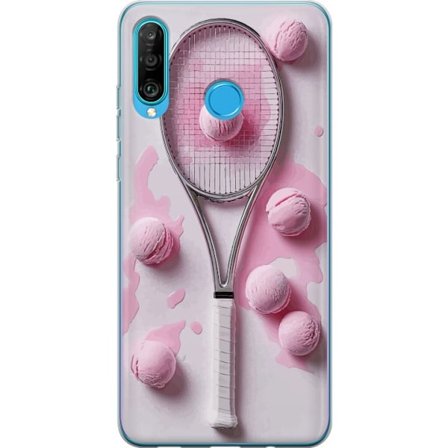 Kompatibel Mobilcover til Huawei Huawei P30 lite Rosa glaskugler og tennisketsjer i et kreativt stillbillede med legende popfølelse og moderne design