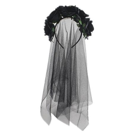 Langt slør, sort blomst Halloween pandebånd gotisk brude slør dag for de døde fest tilbehør voksen fancy dress hår tilbehør