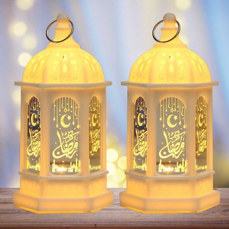 LED Eid Mubarak -lyhty, paristoilla toimiva vintage Ramadan-koriste (Valkoinen, 2 kpl)