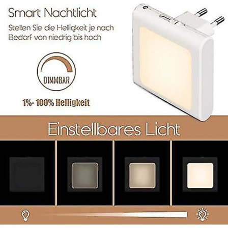 Natlys med skumringssensor, 2 stk. Lysstyrke uendeligt justerbar Meget god til børneværelse, trappe, soveværelse, køkken, orienteringslampe