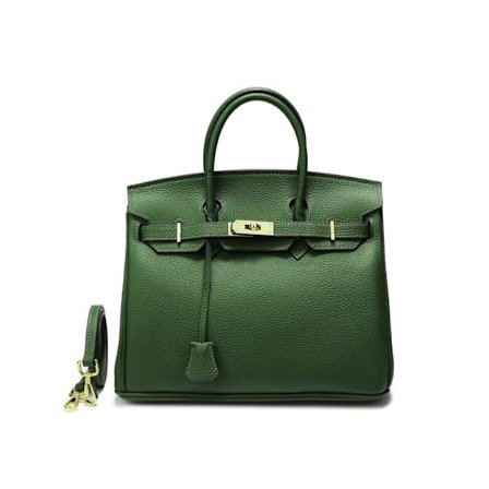 Elegant Håndtaske i Militærgrøn til Kvinder 30cm - Top Grain Kødkvægslæder med Lychee Design