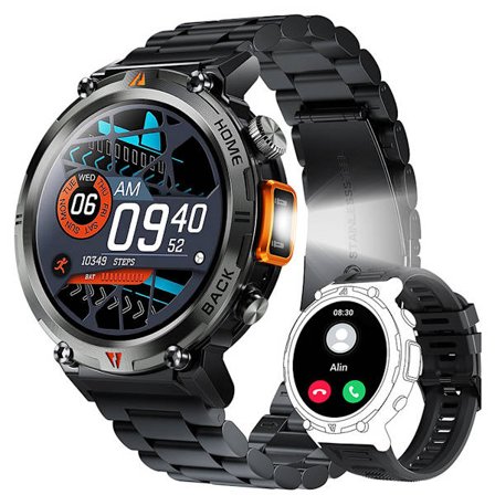 Militært Smartwatch til Mænd med LED Lommelygte 1.45-tommer Robust Vandtæt Smartwatch med 100+ Sportstilstande Fitness Tracker (Orange)