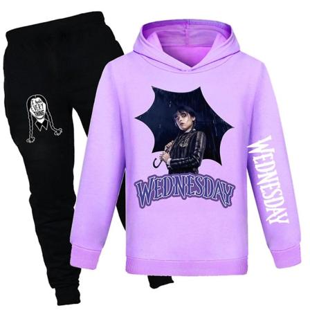 Keskiviikko Addams Printed Kids Verryttelypuku Set Hupullinen collegepaita Housut Set Purple 9-10 Years