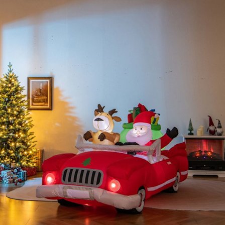 COSTWAY Oppustelig Julemand og Rensdyr 2,35m Lang, Rød Bil med Gavepose, Oppustelig Julepynt med 9 Lys