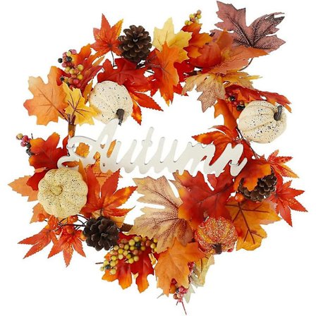 1. høst høstlønnkrans høstkranser for front med gresskar bær kjegle høstlønnblader for Halloween Thanksgiving Day 45cm