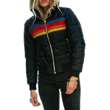 (Pow Yeah!) Regnbågsfärgad Vinterjacka med Dragkedja för Dam, Vadderad, Casual, Randig, Med Huva, Svart XL Black XL