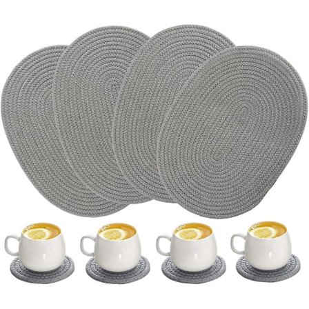 4-pak ovale vævede dækkeservietter 30 x 40 cm Weavn bomuldsdækkeservietter med 4-pak runde stofbrikker (grå)