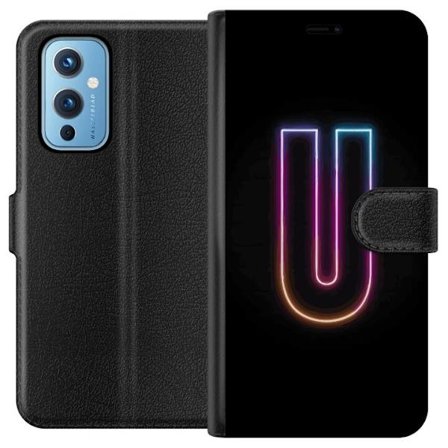 Kompatibel Tegnebogsetui til OnePlus OnePlus 9 Minimalistisk neonbogstav U i farverig lyseffekt mod sort baggrund
