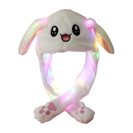 Kaninhodehatt med bevegelige ører, hoppende lue, LED-lysende morsom kaninplysjlue, lue for kvinner og jenter White