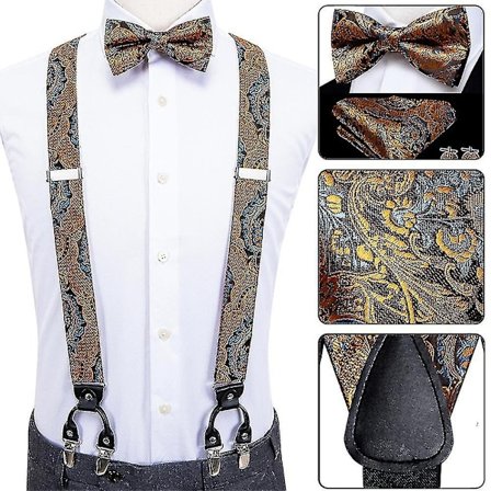 Ylelliset silkkiset miesten henkselit nahka metalli 6 klipsiä henkselit miesten hääjuhliin solmio ja vintage-elastiset henkselit miehille WHBYV-