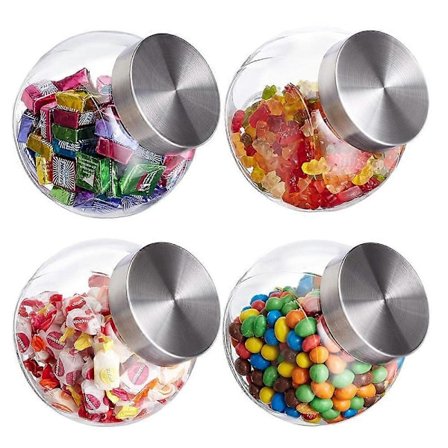 Slikglas sæt med 4 180 ml opbevaringsglas til slik mad slikbar låg i rustfrit stål klar sølvfarvet transparent