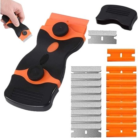 Skrapa, Dubbelskärig skrapa, Glasskeramikhällskrapa med 10 st extra metallblad och 10 st plastblad, för att ta bort etiketter, lim (1 st)