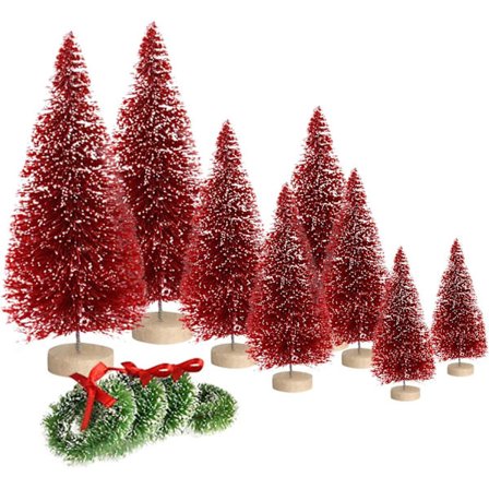 8 stk kunstige mini juletrær, flaskebørstetre med trebunn,