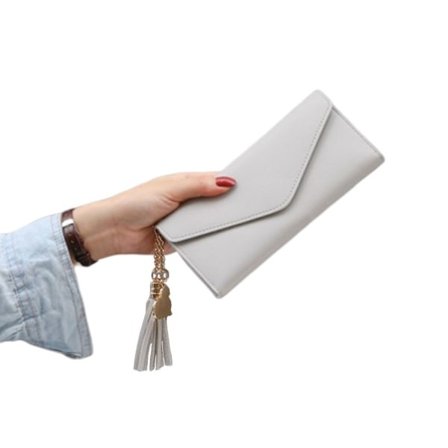 Vit grå plånbok damer kvinna mocka med kedja tofsar guld vit