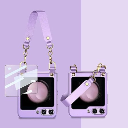 Fodral för Z Flip 6, Inbyggt Småskärmsskydd Smalt PC-Skyddande Omslag för Samsung Galaxy Z Flip 6 med Läderhandledsrem
