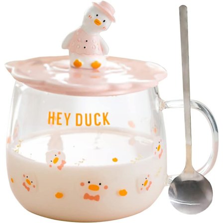 Høy borosilikat varmebestandig glasskrus, søt andekopp, klar kopp med lokk og skje, 520 ml stor kapasitet drikkebeger