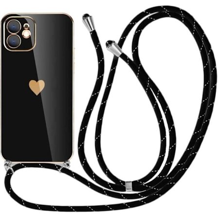 Coque Collier Cordon - PROSHOP - för iPhone 12 - Svart - Hjärtmönster - Flexibel